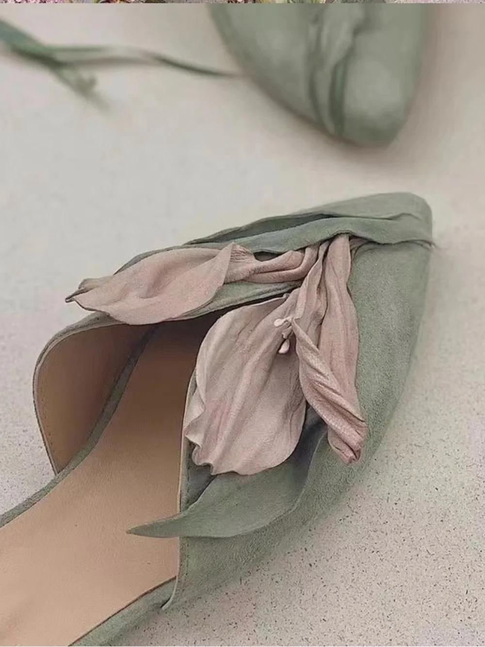 Floral Appliqué Pointed Toe Flats in Pink and Sage